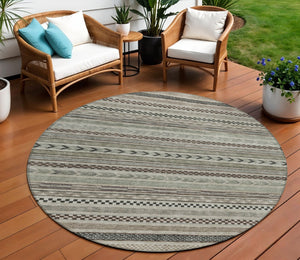 HomeRoots 5' Stylish Taupe and Brown Striped Washable Area Rug for Indoor and Outdoor Versatile Use 8' Round 615376