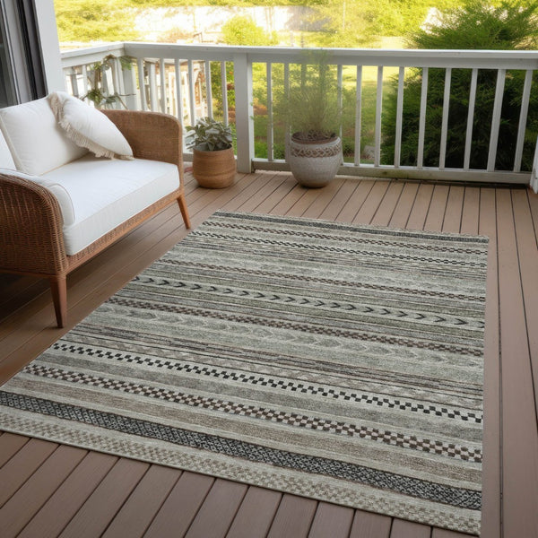 HomeRoots 5' Stylish Taupe and Brown Striped Washable Area Rug for Indoor and Outdoor Versatile Use 8' X 10' 615377