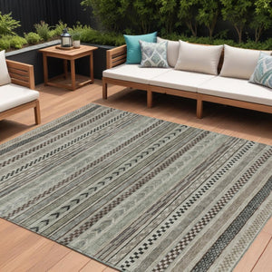 HomeRoots 5' Stylish Taupe and Brown Striped Washable Area Rug for Indoor and Outdoor Versatile Use 10' X 14' 615379