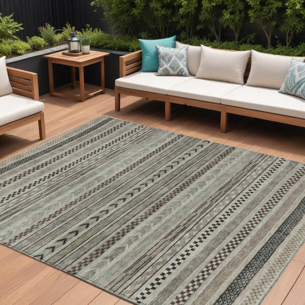 HomeRoots 5' Stylish Taupe and Brown Striped Washable Area Rug for Indoor and Outdoor Versatile Use 10' X 14' 615379