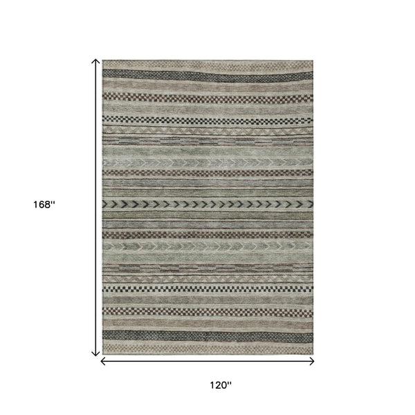 HomeRoots 5' Stylish Taupe and Brown Striped Washable Area Rug for Indoor and Outdoor Versatile Use 10' X 14' 615379