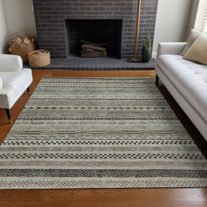 HomeRoots 5' Stylish Taupe and Brown Striped Washable Area Rug for Indoor and Outdoor Versatile Use 10' X 14' 615379