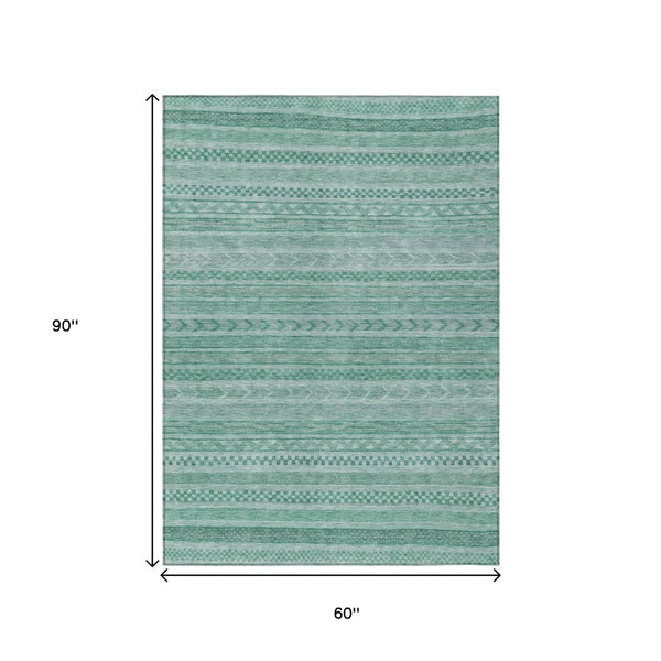 HomeRoots 5' Durable Turquoise and Aqua Striped Indoor Outdoor Area Rug for Easy Care and High Traffic Spaces 5' X 8' 615381