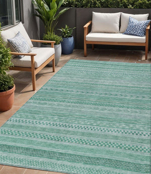 HomeRoots 5' Durable Turquoise and Aqua Striped Indoor Outdoor Area Rug for Easy Care and High Traffic Spaces 5' X 8' 615381