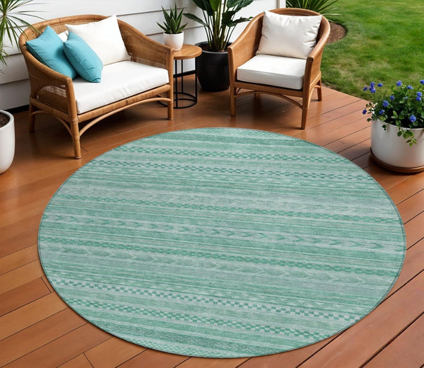 HomeRoots 5' Durable Turquoise and Aqua Striped Indoor Outdoor Area Rug for Easy Care and High Traffic Spaces 8' Round 615382