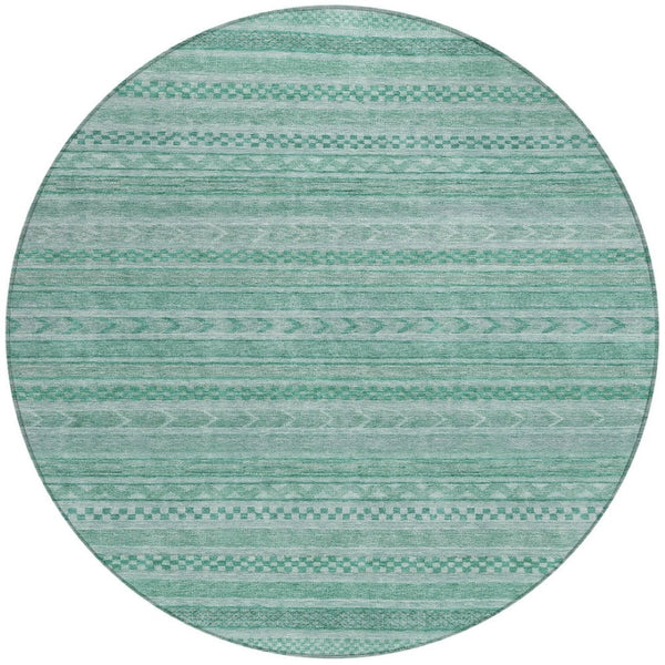 HomeRoots 5' Durable Turquoise and Aqua Striped Indoor Outdoor Area Rug for Easy Care and High Traffic Spaces 8' Round 615382