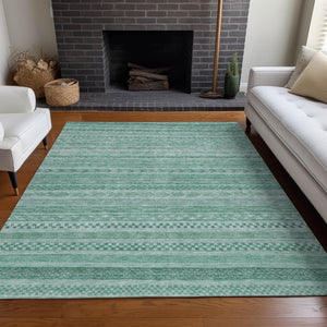 HomeRoots 5' Durable Turquoise and Aqua Striped Indoor Outdoor Area Rug for Easy Care and High Traffic Spaces 8' X 10' 615383