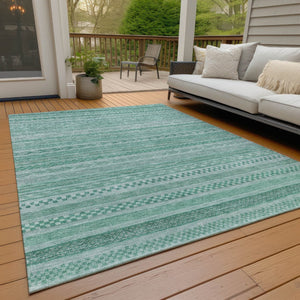 HomeRoots 5' Durable Turquoise and Aqua Striped Indoor Outdoor Area Rug for Easy Care and High Traffic Spaces 8' X 10' 615383