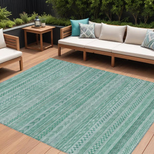 HomeRoots 5' Durable Turquoise and Aqua Striped Indoor Outdoor Area Rug for Easy Care and High Traffic Spaces 9' X 12' 615384