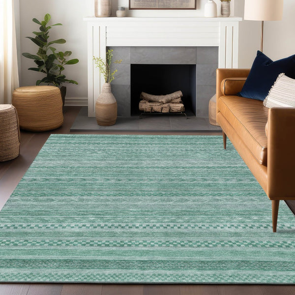 HomeRoots 5' Durable Turquoise and Aqua Striped Indoor Outdoor Area Rug for Easy Care and High Traffic Spaces 9' X 12' 615384