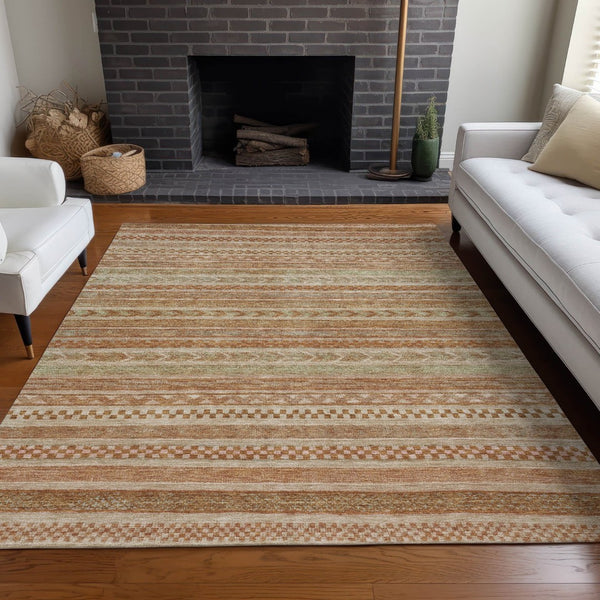 HomeRoots 5' Terra Cotta and Rust Striped Area Rug – Durable, Washable Design for Indoor and Outdoor Spaces 9' X 12' 615390
