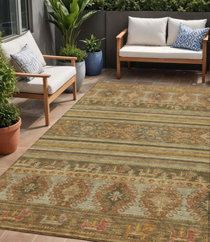 HomeRoots 5' Durable Tribal Area Rug in Beige, Taupe & Gold - Washable, Stylish for Indoor & Outdoor Use 5' X 8' 615393