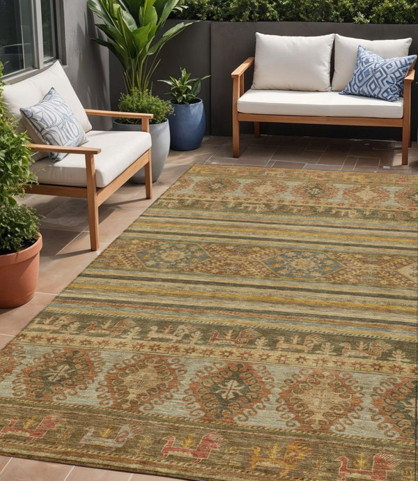 HomeRoots 5' Durable Tribal Area Rug in Beige, Taupe & Gold - Washable, Stylish for Indoor & Outdoor Use 5' X 8' 615393