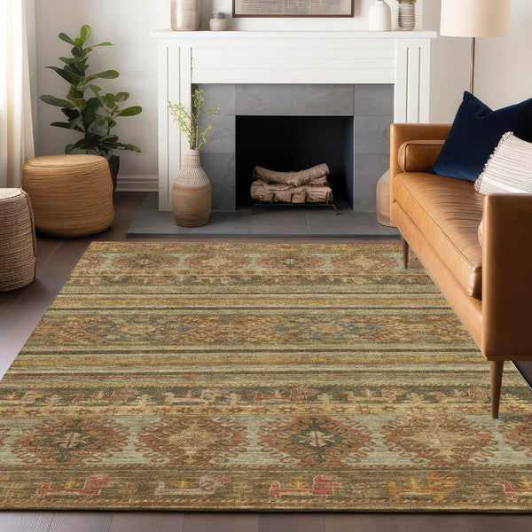 HomeRoots 5' Durable Tribal Area Rug in Beige, Taupe & Gold - Washable, Stylish for Indoor & Outdoor Use 5' X 8' 615393