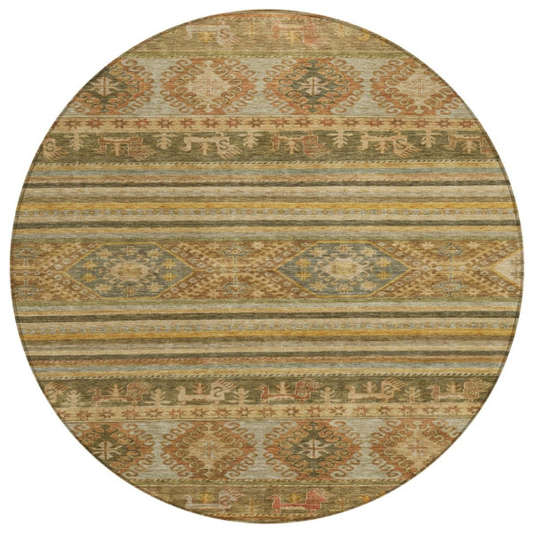 HomeRoots 5' Durable Tribal Area Rug in Beige, Taupe & Gold - Washable, Stylish for Indoor & Outdoor Use 8' Round 615394