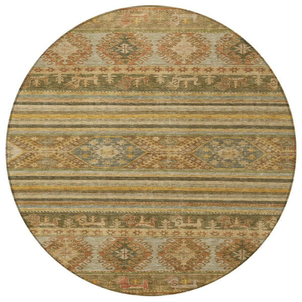 HomeRoots 5' Durable Tribal Area Rug in Beige, Taupe & Gold - Washable, Stylish for Indoor & Outdoor Use 8' Round 615394