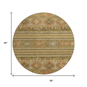 HomeRoots 5' Durable Tribal Area Rug in Beige, Taupe & Gold - Washable, Stylish for Indoor & Outdoor Use 8' Round 615394