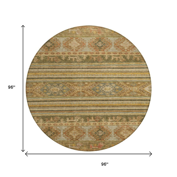 HomeRoots 5' Durable Tribal Area Rug in Beige, Taupe & Gold - Washable, Stylish for Indoor & Outdoor Use 8' Round 615394