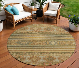 HomeRoots 5' Durable Tribal Area Rug in Beige, Taupe & Gold - Washable, Stylish for Indoor & Outdoor Use 8' Round 615394