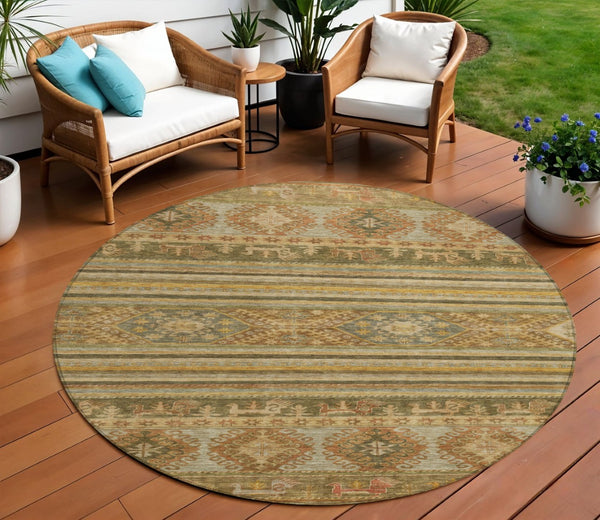 HomeRoots 5' Durable Tribal Area Rug in Beige, Taupe & Gold - Washable, Stylish for Indoor & Outdoor Use 8' Round 615394