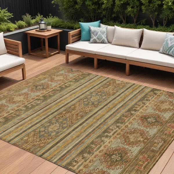 HomeRoots 5' Durable Tribal Area Rug in Beige, Taupe & Gold - Washable, Stylish for Indoor & Outdoor Use 10' X 14' 615397