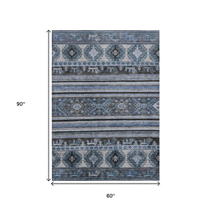 HomeRoots 5' Stylish Blue Gray Tribal Washable Area Rug for Indoor and Outdoor Use – Durable, Easy-Clean Design 5' X 8' 615399
