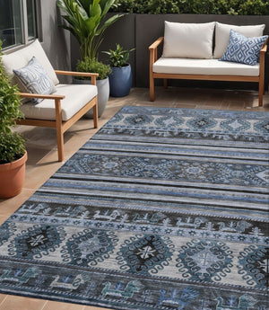 HomeRoots 5' Stylish Blue Gray Tribal Washable Area Rug for Indoor and Outdoor Use – Durable, Easy-Clean Design 5' X 8' 615399