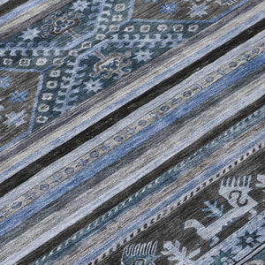 HomeRoots 5' Stylish Blue Gray Tribal Washable Area Rug for Indoor and Outdoor Use – Durable, Easy-Clean Design 5' X 8' 615399