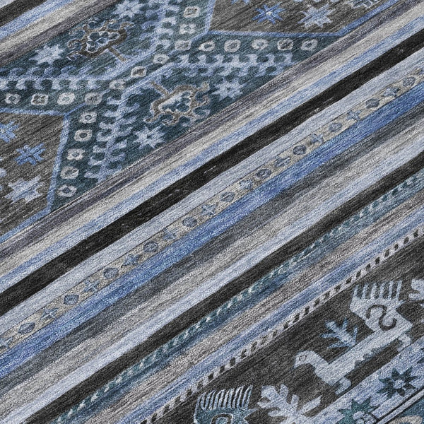 HomeRoots 5' Stylish Blue Gray Tribal Washable Area Rug for Indoor and Outdoor Use – Durable, Easy-Clean Design 5' X 8' 615399