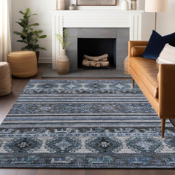 HomeRoots 5' Stylish Blue Gray Tribal Washable Area Rug for Indoor and Outdoor Use – Durable, Easy-Clean Design 5' X 8' 615399