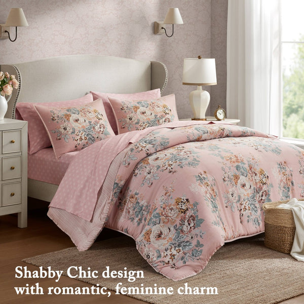 English Elm 7-piece Queen Comforter Set Vintage Floral Blush Reversible Polyester Bedroom Bedding B035P408236