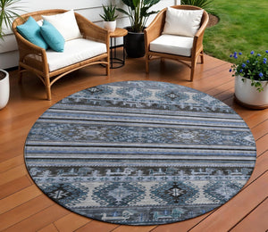 HomeRoots 5' Stylish Blue Gray Tribal Washable Area Rug for Indoor and Outdoor Use – Durable, Easy-Clean Design 8' Round 615400