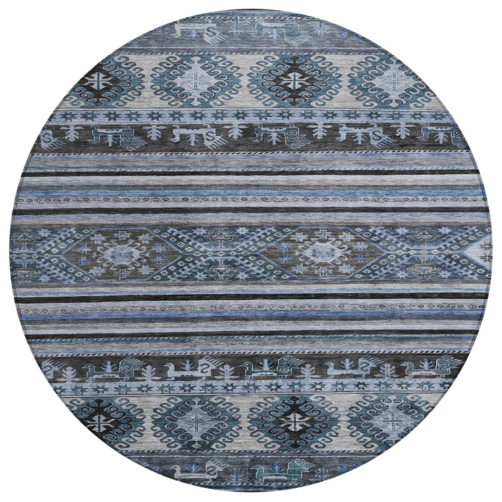 HomeRoots 5' Stylish Blue Gray Tribal Washable Area Rug for Indoor and Outdoor Use – Durable, Easy-Clean Design 8' Round 615400