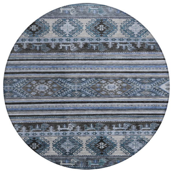 HomeRoots 5' Stylish Blue Gray Tribal Washable Area Rug for Indoor and Outdoor Use – Durable, Easy-Clean Design 8' Round 615400