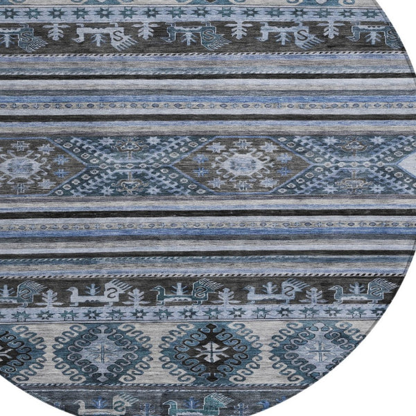 HomeRoots 5' Stylish Blue Gray Tribal Washable Area Rug for Indoor and Outdoor Use – Durable, Easy-Clean Design 8' Round 615400