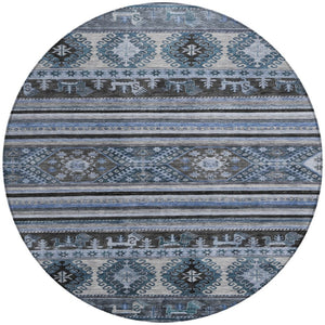 HomeRoots 5' Stylish Blue Gray Tribal Washable Area Rug for Indoor and Outdoor Use – Durable, Easy-Clean Design 8' Round 615400