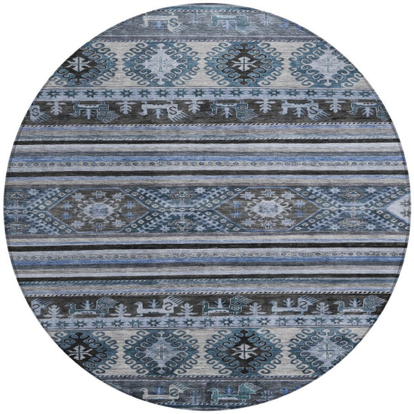 HomeRoots 5' Stylish Blue Gray Tribal Washable Area Rug for Indoor and Outdoor Use – Durable, Easy-Clean Design 8' Round 615400