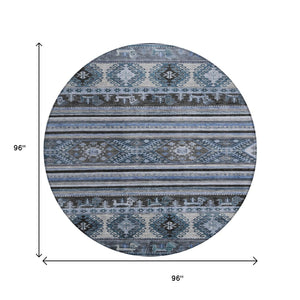 HomeRoots 5' Stylish Blue Gray Tribal Washable Area Rug for Indoor and Outdoor Use – Durable, Easy-Clean Design 8' Round 615400