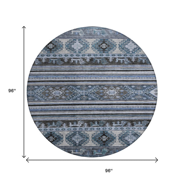 HomeRoots 5' Stylish Blue Gray Tribal Washable Area Rug for Indoor and Outdoor Use – Durable, Easy-Clean Design 8' Round 615400