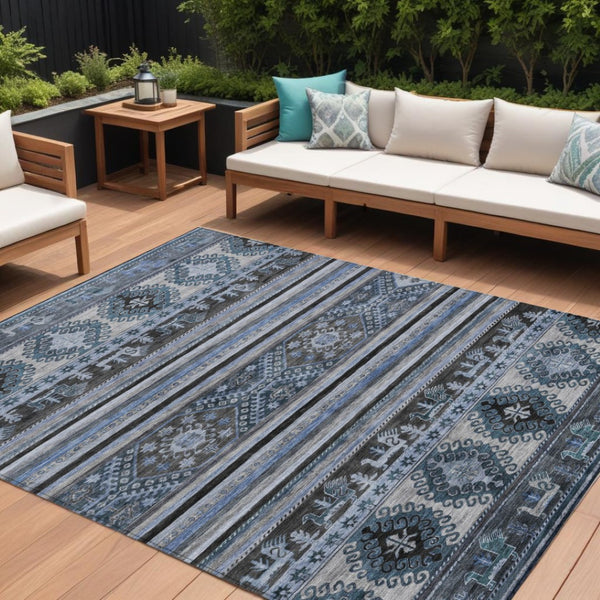 HomeRoots 5' Stylish Blue Gray Tribal Washable Area Rug for Indoor and Outdoor Use – Durable, Easy-Clean Design 8' X 10' 615401