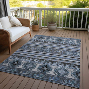 HomeRoots 5' Stylish Blue Gray Tribal Washable Area Rug for Indoor and Outdoor Use – Durable, Easy-Clean Design 8' X 10' 615401
