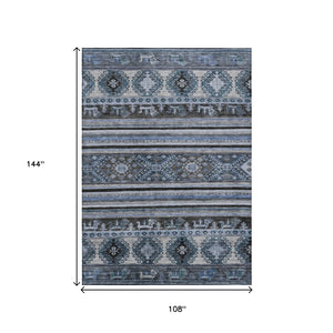 HomeRoots 5' Stylish Blue Gray Tribal Washable Area Rug for Indoor and Outdoor Use – Durable, Easy-Clean Design 9' X 12' 615402