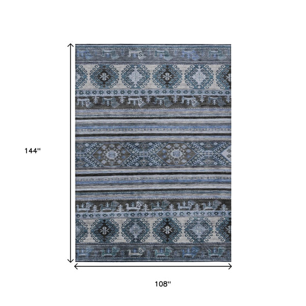 HomeRoots 5' Stylish Blue Gray Tribal Washable Area Rug for Indoor and Outdoor Use – Durable, Easy-Clean Design 9' X 12' 615402