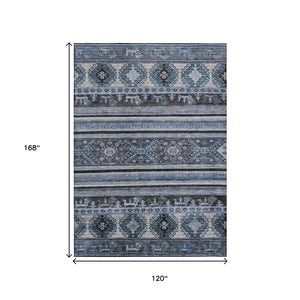 HomeRoots 5' Stylish Blue Gray Tribal Washable Area Rug for Indoor and Outdoor Use – Durable, Easy-Clean Design 10' X 14' 615403