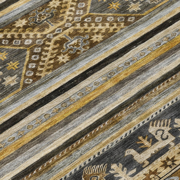 HomeRoots 5' Washable Tribal Area Rug in Chocolate Taupe and Gold – Perfect for Indoor and Outdoor Spaces! 5' X 8' 615405