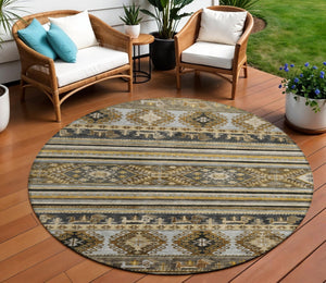 HomeRoots 5' Washable Tribal Area Rug in Chocolate Taupe and Gold – Perfect for Indoor and Outdoor Spaces! 8' Round 615406