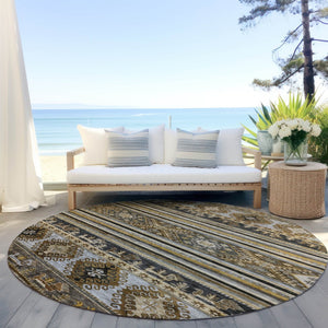 HomeRoots 5' Washable Tribal Area Rug in Chocolate Taupe and Gold – Perfect for Indoor and Outdoor Spaces! 8' Round 615406