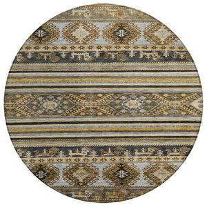 HomeRoots 5' Washable Tribal Area Rug in Chocolate Taupe and Gold – Perfect for Indoor and Outdoor Spaces! 8' Round 615406