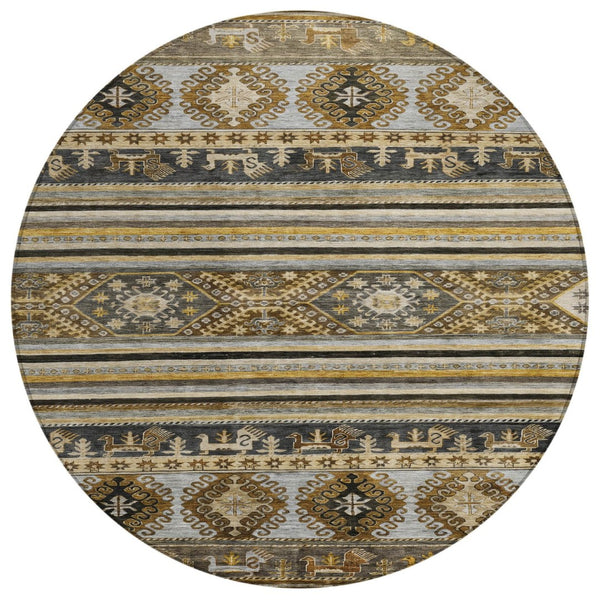 HomeRoots 5' Washable Tribal Area Rug in Chocolate Taupe and Gold – Perfect for Indoor and Outdoor Spaces! 8' Round 615406