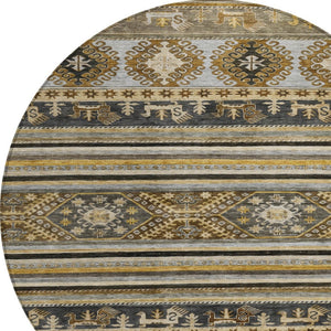 HomeRoots 5' Washable Tribal Area Rug in Chocolate Taupe and Gold – Perfect for Indoor and Outdoor Spaces! 8' Round 615406